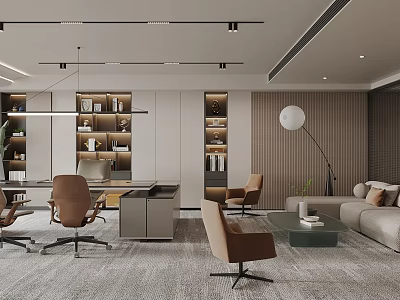 Modern Office Interior Design With Work Desk Ergonomic Chairs And Sofa 3d model