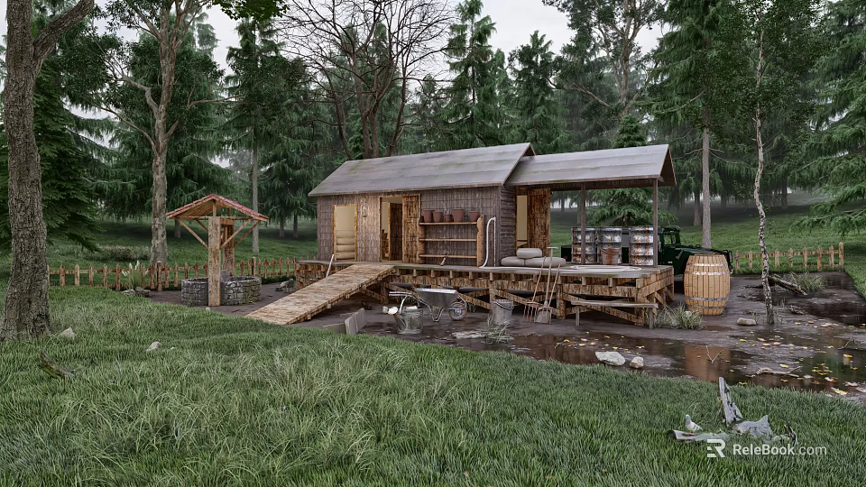 Rustic Wooden Cabin in Forest with Deck Green Grass and Wooden Barrels 3d model 