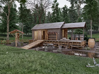 Rustic Wooden Cabin in Forest with Deck Green Grass and Wooden Barrels 3d model