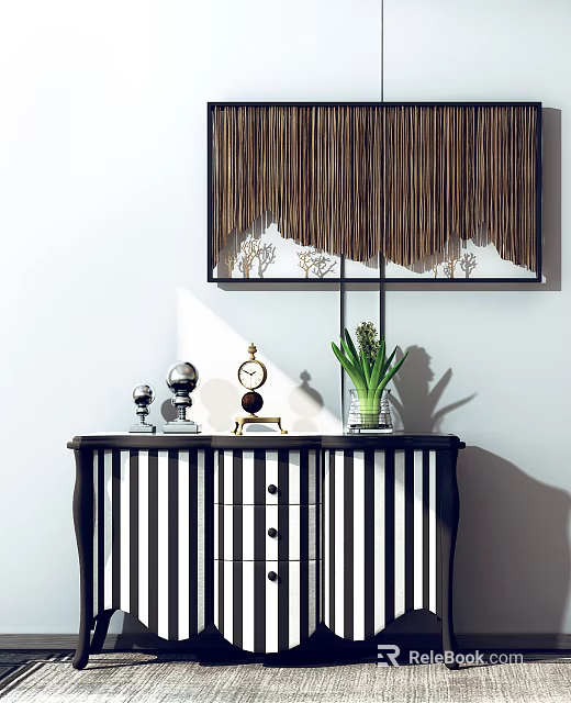 Modern Entryway Console Table With Black Frame Design Decorative Clock Green Vase And Artwork 3d model 