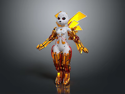 3D White Biomechanical Character With Yellow Wings Orange Legs And Mechanical Parts 3d model