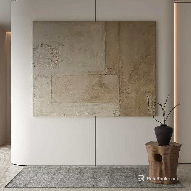 Modern Abstract Painting With Beige Brown Tones On Minimalist White Wall And Wooden Base Vase 3d model 