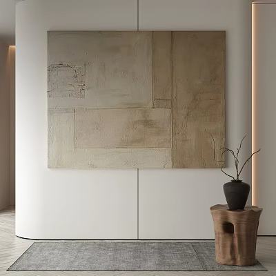 Modern Abstract Painting With Beige Brown Tones On Minimalist White Wall And Wooden Base Vase 3d model