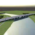 Modern Bridge Structure Over River With Vehicles Green Grasslands And Distant Buildings 3d model