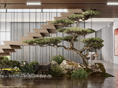 Indoor Garden Feature With Bonsai Pine Tree Rocks Lush Green Plants And Wooden Staircase 3d model