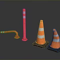 Orange Traffic Cones With White Stripes Curved Red Barrier And Red Bollards On Black Bases