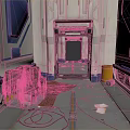 Sci-Fi Spaceship Corridor Interior With Metal Door Cables Yellow Barrel And Green Containers