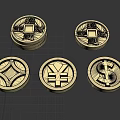 Gold Coin Jewelry With Various Cultural And Currency Symbols And Shiny Finish