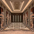 Luxurious KTV Entrance With Ornate Gold Carved Ceiling Marble Walls Red Curtains And Knight Statues