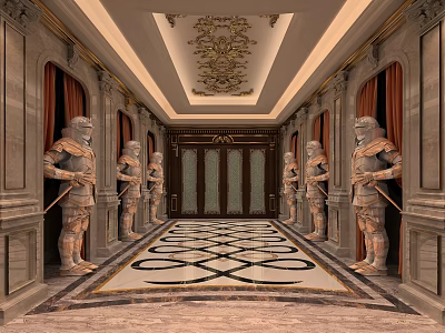 Luxurious KTV Entrance With Ornate Gold Carved Ceiling Marble Walls Red Curtains And Knight Statues 3d model