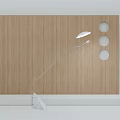 Minimalist Floor Lamp with White Shade by Wooden Wall and Round Cutouts