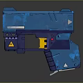 Blue Modern Pistol with Yellow Accents Red Button and Warning Symbol in Futuristic Design