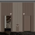 Modern Office Corridor with Elevators Wooden Striped Walls Marble Flooring and Lighting