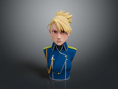 Woman with Blonde Spiky Hair in Blue Uniform with Yellow Epaulets Gold Tassel Bust Sculpture 3d model