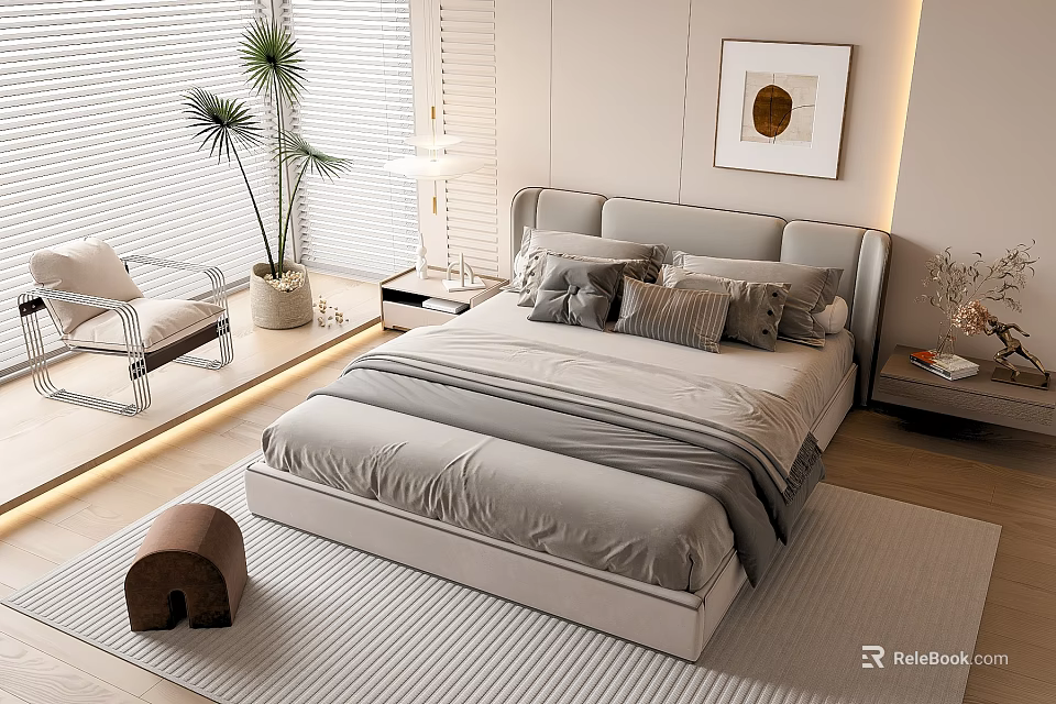 Modern Double Bed With Upholstered Headboard Soft Pillows And Nightstand In Bedroom Interior 3d model 