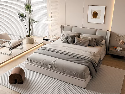 Modern Double Bed With Upholstered Headboard Soft Pillows And Nightstand In Bedroom Interior 3d model