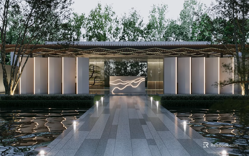 Traditional Entrance Gate with Pagoda Roof White Columns Stone Pathway Water Pool and Lush Trees 3d model 
