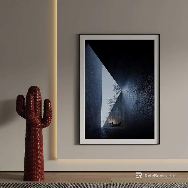 Modern Landscape Painting On Wall With Red Cactus Decor 3d model