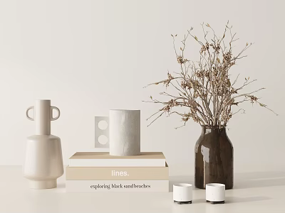 Minimalist Decorative Ornament Set With Ceramic Vases Stack Of Books Dried Branches And Candles 3d model