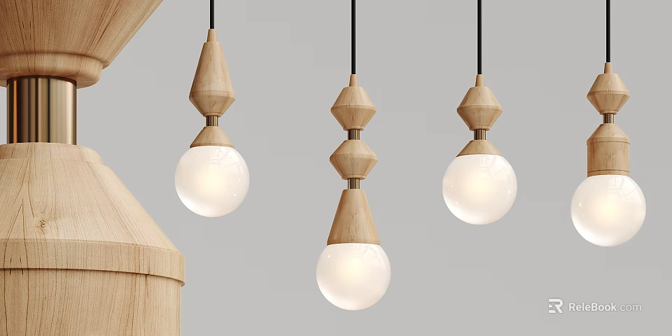 Modern Wooden Pendant Light Design With Globular Glass Shades And Three Hanging Arrangement 3d model 
