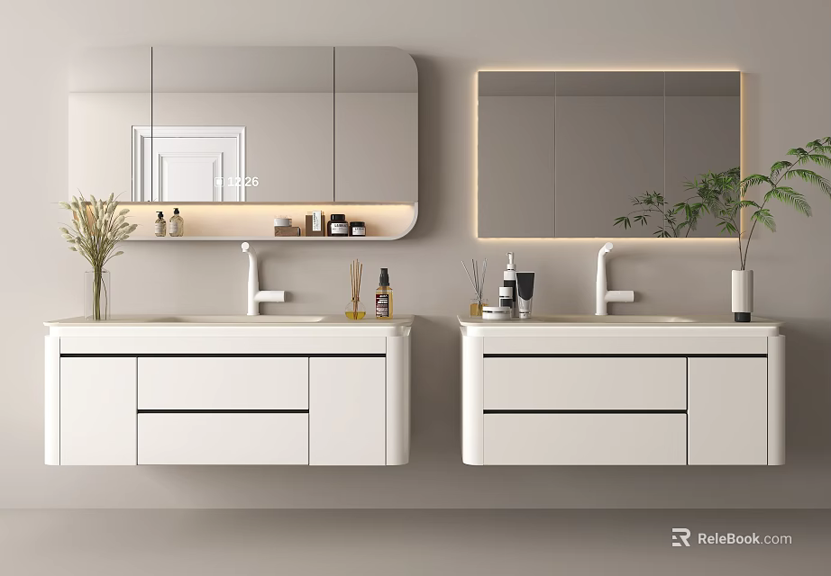 White Wall Mounted Bathroom Vanity Cabinet With Double Sink Backlit Mirror And Decorative Plant 3d model 