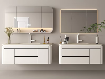 White Wall Mounted Bathroom Vanity Cabinet With Double Sink Backlit Mirror And Decorative Plant 3d model
