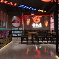 Modern Restaurant Interior With Neon Signage Graffiti Wall Brick Decor And Black Tables