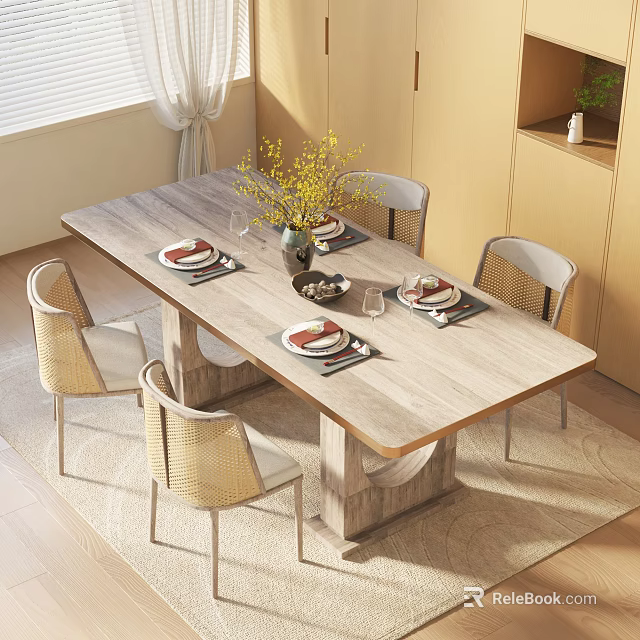 Modern Simple Dining Table Set With Rattan Chairs Wooden Top And Floral Vase 3d model 
