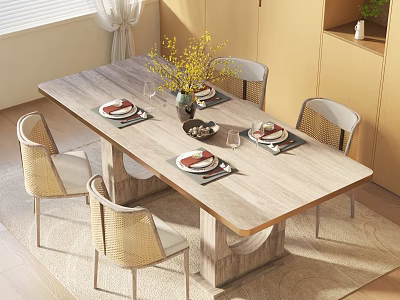 Modern Simple Dining Table Set With Rattan Chairs Wooden Top And Floral Vase 3d model