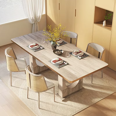 Modern Simple Dining Table Set With Rattan Chairs Wooden Top And Floral Vase 3d model