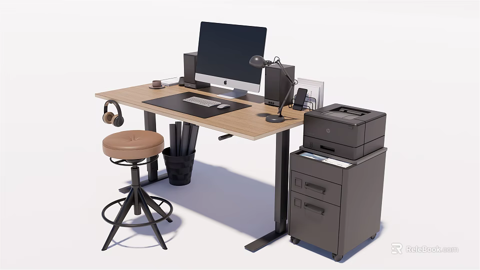 Wooden Desk Setup With Computer Monitor Keyboard Mouse Lamp Headphones Printer And Stool 3d model 