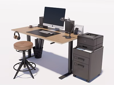 Wooden Desk Setup With Computer Monitor Keyboard Mouse Lamp Headphones Printer And Stool 3d model