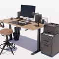 Wooden Desk Setup With Computer Monitor Keyboard Mouse Lamp Headphones Printer And Stool