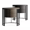 Stylish Modern Round Bedside Tables With Dark Wooden Drawers And Black Metal Frames