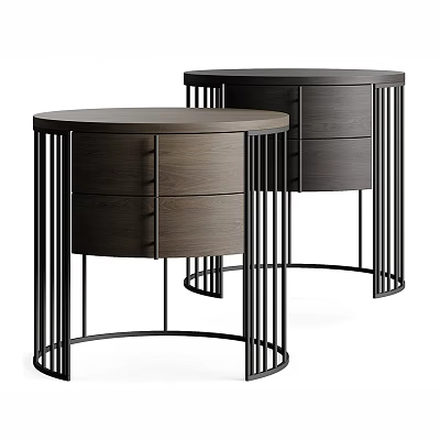 Stylish Modern Round Bedside Tables With Dark Wooden Drawers And Black Metal Frames 3d model