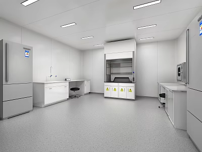 Modern Laboratory Interior with Fume Hood Lab Benches Refrigerators and Waste Bins 3d model