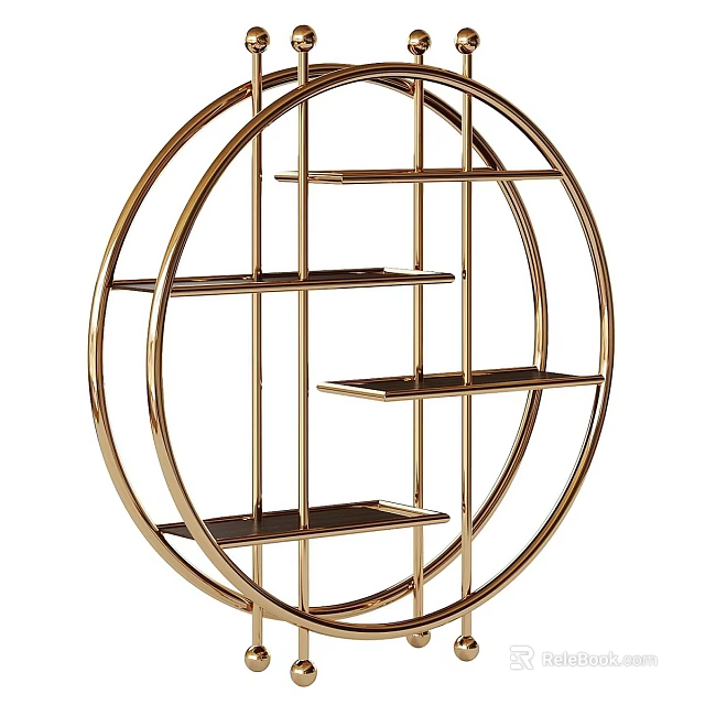Circular Gold Metal Display Shelf with Multiple Horizontal Shelves for Home Decor 3d model 