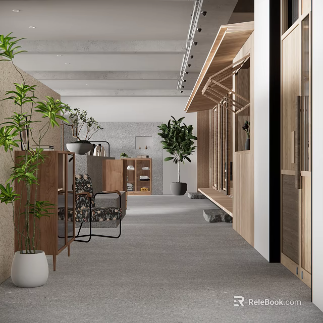 Modern Interior Space With Green Plants Wooden Furniture And Glass Partitions 3d model 