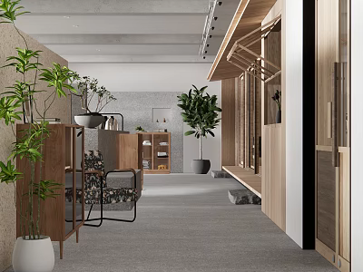 Modern Interior Space With Green Plants Wooden Furniture And Glass Partitions 3d model