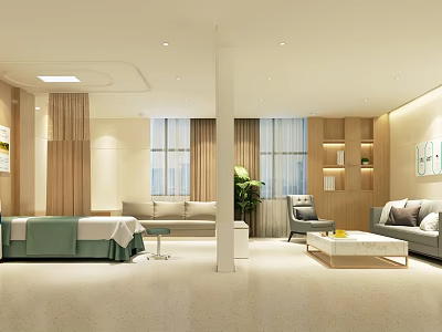 Hospital Outpatient Clinic Waiting Area With Comfortable Sofas Green Plants Windows And Bright Lighting 3d model