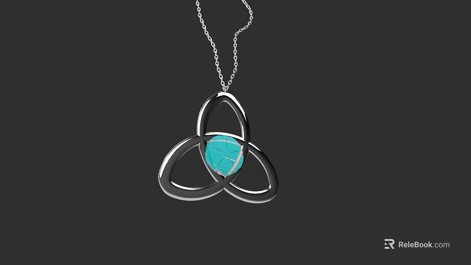 Elegant Silver Triquetra Pendant Necklace with Turquoise Stone and Intertwined Rings 3d model 