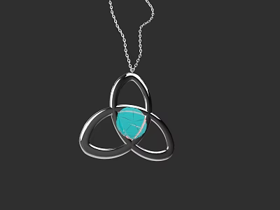 Elegant Silver Triquetra Pendant Necklace with Turquoise Stone and Intertwined Rings 3d model