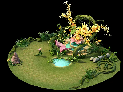 Cartoon Scene With Green Grass Vines Yellow Flowers Pink Butterfly Structure Small Ponds And Stones 3d model