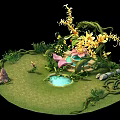 Cartoon Scene With Green Grass Vines Yellow Flowers Pink Butterfly Structure Small Ponds And Stones