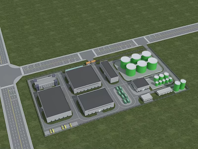 Industrial Plant Layout With Multiple Buildings Green Storage Tanks Roadways And Green Space 3d model