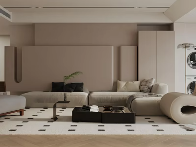 Modern Living Room Interior Design With Neutral Tones Sofa Geometric Rug Coffee Table And Decorative Plant 3d model