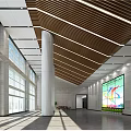Modern Service Hall Interior With Spacious Layout Large Windows Wooden Ceiling And Digital 3d model