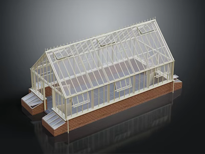 Glass Greenhouse Building With Sloped Glass Roof White Frame Brick Base And Stairs Design 3d model