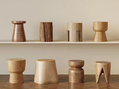 Various Designed Wooden Stools in Layered Display on Shelf and Floor 3d model