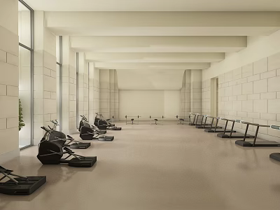 Spacious Gym Interior With Various Fitness Equipment And Large Windows 3d model